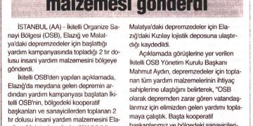İkitelli OSB’den Elazığ ve Malatya’ya Destek